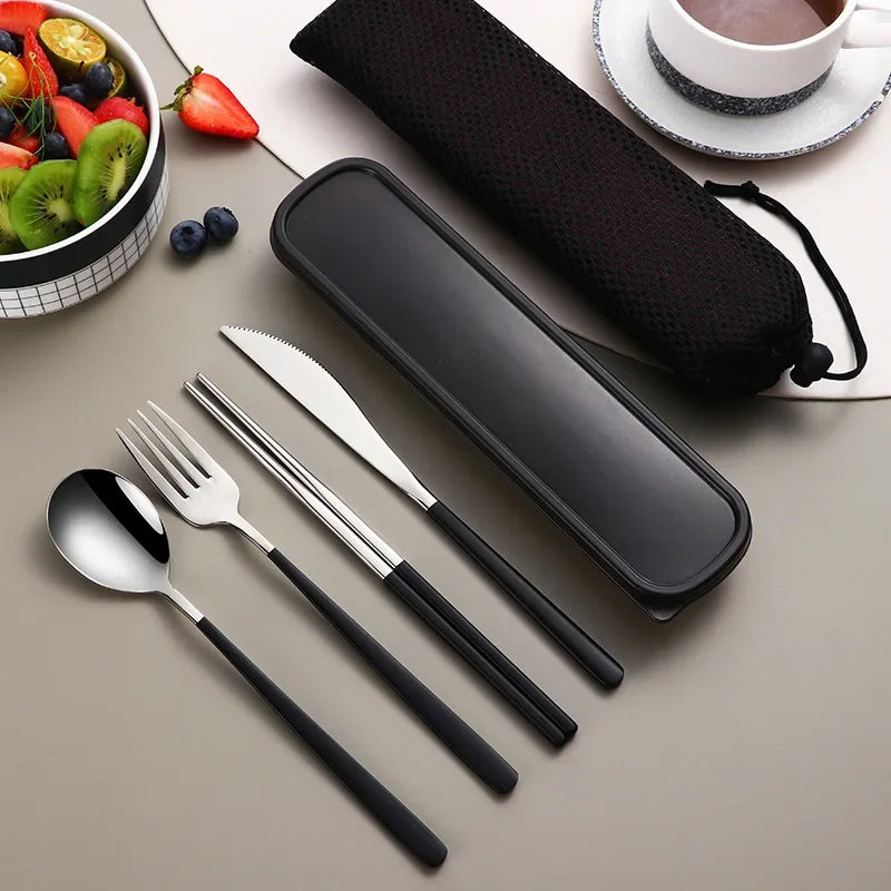 Portable Travel Utensils Set with Case Stainless Steel Knife Forks Spoons Chopsticks for Lunch Box Office Picnic Dinnerware Use